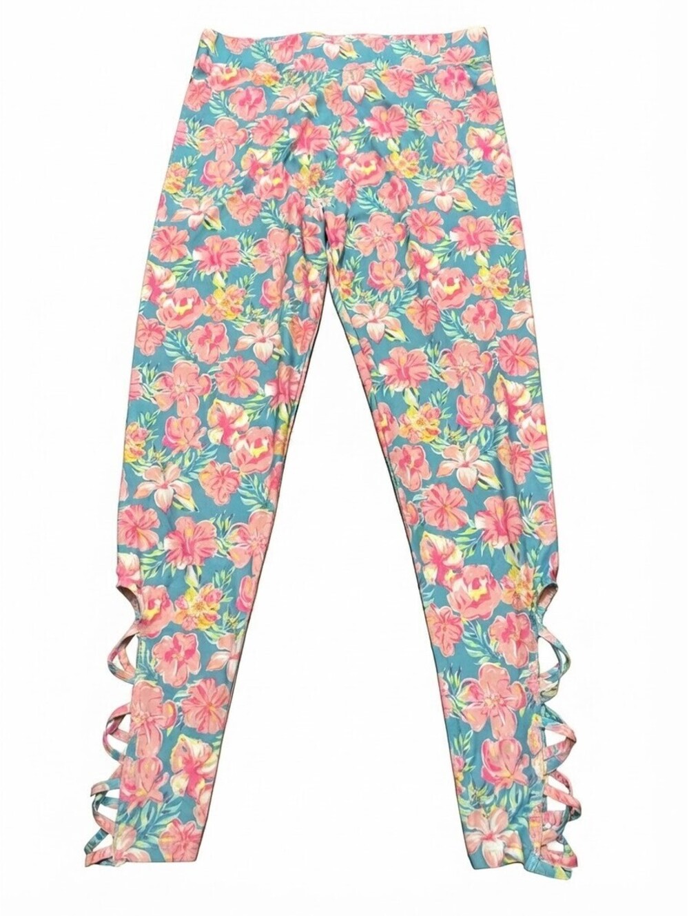 NWT Simply Southern Blue Pink Floral Lattice Cutout Ankle Leggings Plus Size